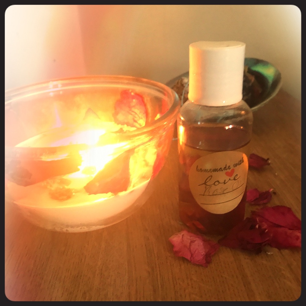 Rose body oil with real rose petals.